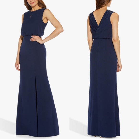 NEW Adrianna Papell NAVY Beaded Shoulder CREPE Blouson EVENING DRESS GOWN 8 - Picture 1 of 11
